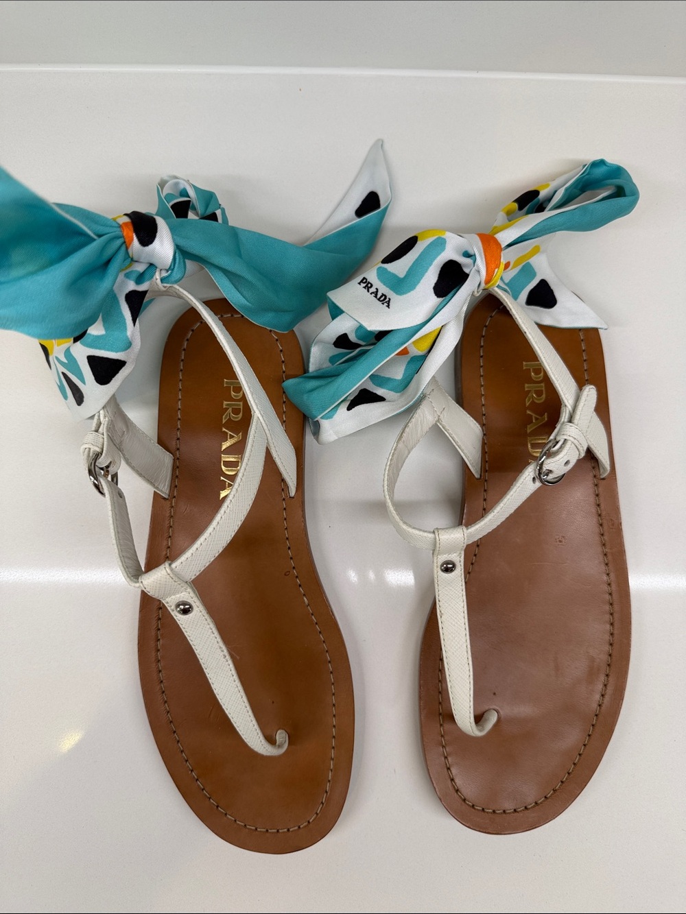 Prada White Leather Thong Sandals with Turquoise Silk Tie